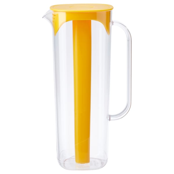Bright yellow and clear plastic jug with handle. Designed for keeping drinks cold with a removable freezable insert.