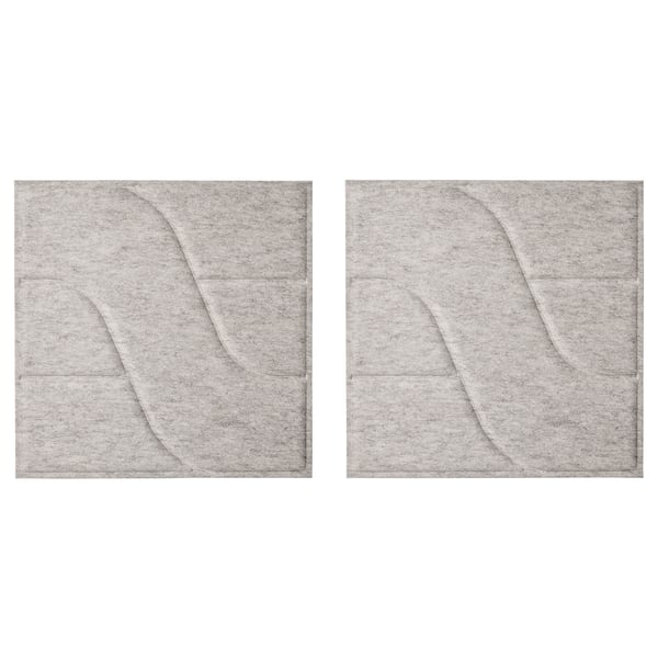 Two light grey, wavy-patterned wall panels, rectangular with smooth edges, made of polyester.