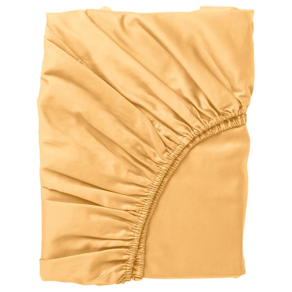 Gold-yellow fitted sheet, smooth, sateen woven, cotton/lyocell, elastic corners.