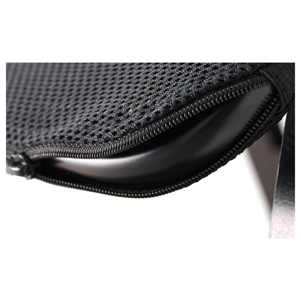 Black modern chair with zippered mesh back. Lightweight and durable design.