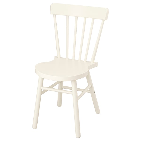 White wooden chair, NORRARYD model. Rounded seats and back, spindle design for comfort.