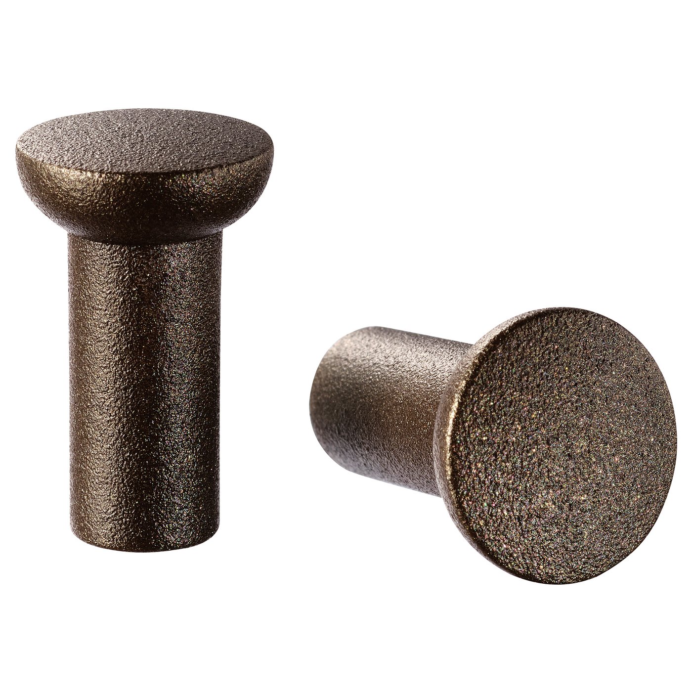 Two decorative bronze NYDALA knobs, cylindrical with flat tops, made of aluminium and epoxy coating, perfect for cabinet handles.