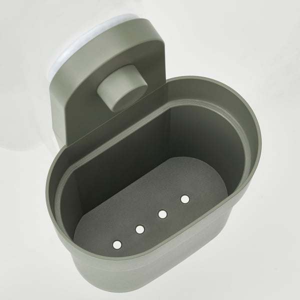 Modern green wall storage organiser with rounded edges and three drainage holes.