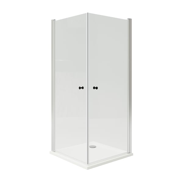 An OPPEJEN shower enclosure with clear glass doors and an aluminium frame. It has a white base and a drain in the centre.