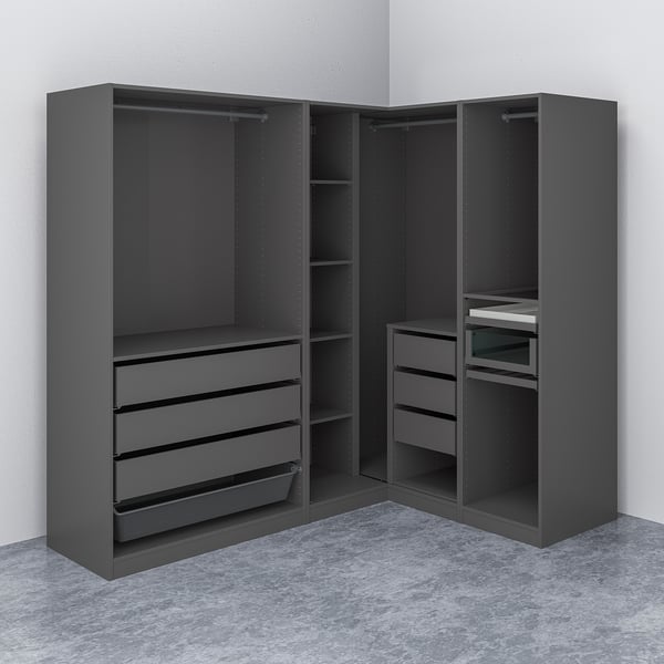 Dark corner wardrobe with shelves and drawers, designed for efficient clothing storage and organisation.