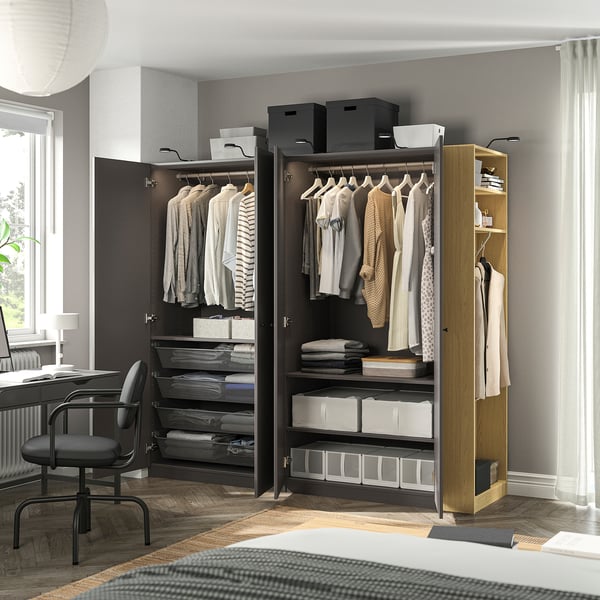 PAX / FORSAND Wardrobe combination, dark grey dark grey/oak effect, 220x60x201 cm
