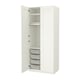 A white PAX wardrobe with open doors, featuring shelves, drawers, and storage baskets.