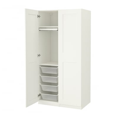White PAX wardrobe, open showing mesh baskets and trouser hanger.