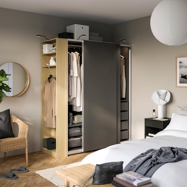 PAX / HASVIK Wardrobe combination, dark grey dark grey/oak effect, 170x66x201 cm