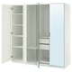 White PAX wardrobe with mirrored doors and open shelves.