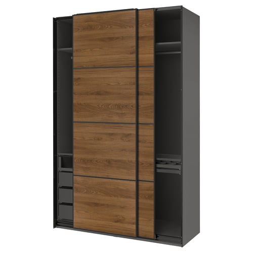 PAX / MEHAMN Wardrobe with sliding doors, dark grey black/double sided walnut, 150x66x236 cm