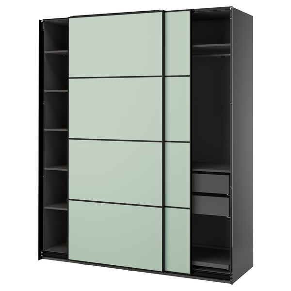 Modern grey PAX wardrobe with light-green mirrored sliding doors and internal shelves.