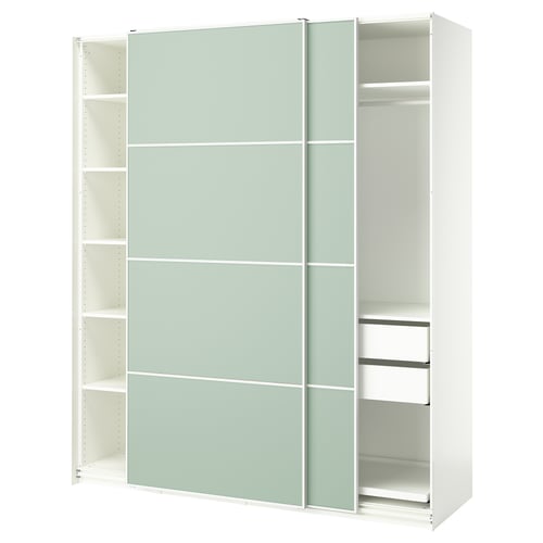 Ikea PAX wardrobe: tall white sliding closet, light green doors, modern minimalist design.