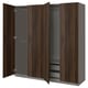 PAX wardrobe, dark brown, wood finish, three sections with open doors showing shelves and hanging rod.