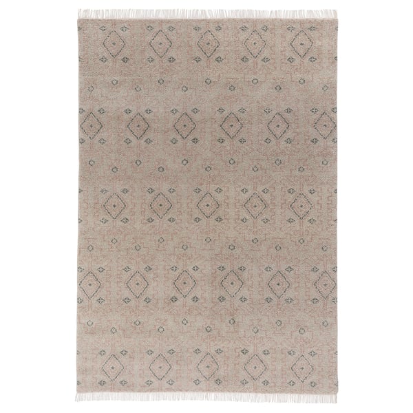 PENSELRÅG rug, beige, wool & cotton, rectangular with fringes, geometric diamond pattern.
