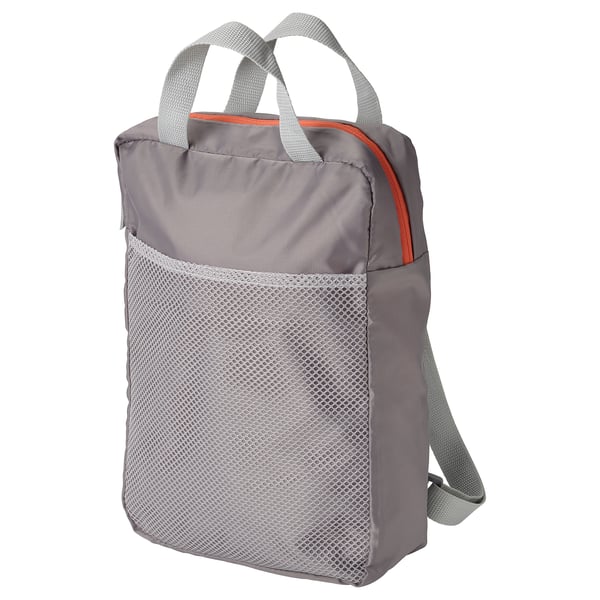 A grey PIVRING backpack with mesh pocket, made from recycled polyester.