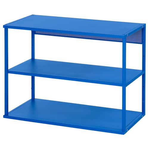 Ikea blue PLATSA 3-tier open shelving unit, rectangular shape, blue, steel, and particle board, modern design.