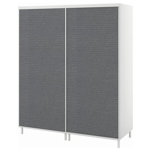 Modern white PLATSA wardrobe, double grey sliding doors, rectangular, minimalist design, adjustable feet.