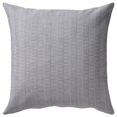 A square throw pillow named PLOMMONROS with a dark blue and off-white striped design, made of 100% cotton.