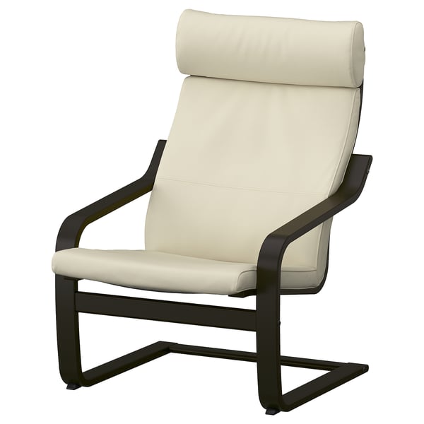 POÄNG armchair in beige leather, featuring black metal frame, high back support, and minimalist design.