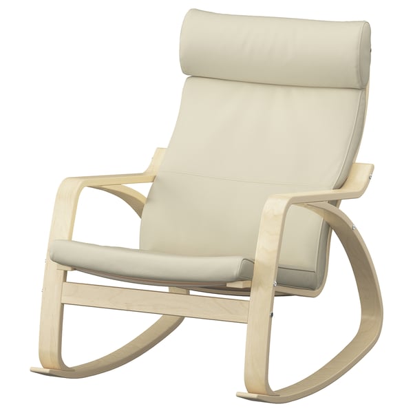 An ikea POÄNG rocking chair with a beige cushion. It has a light wooden frame and a high back for neck support.