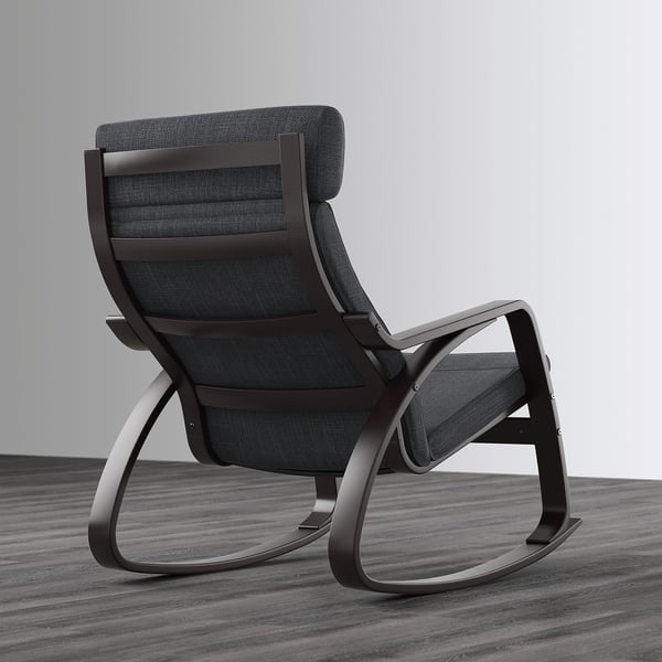Black rocking armchair with high back and seat cushion on wooden floor.