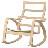 Wooden rocking chair with light finish; minimalist design.