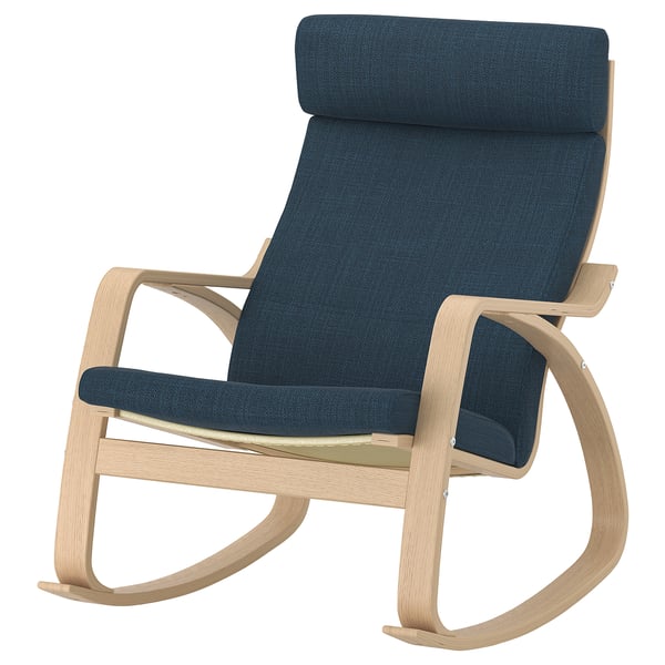 POÄNG rocking chair, light wood, dark blue cushions, backs and seat, curved shape, high back, comfortable and ergonomic design.