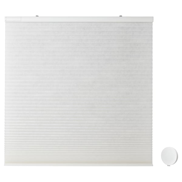 White PRAKTLYSING cordless cellular blind, remote-controlled, child-safe, modern design.