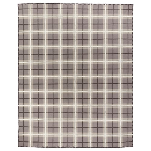 PYSSLINGGRÄS: brown & grey tartan wool rug, hand-woven with classic check pattern.