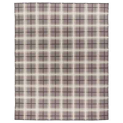 PYSSLINGGRÄS: brown & grey tartan wool rug, hand-woven with classic check pattern.