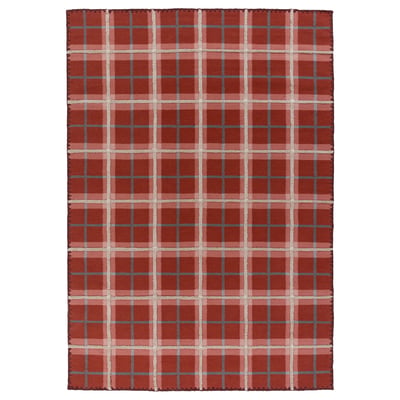 Red wool tartan check rug, handwoven.
