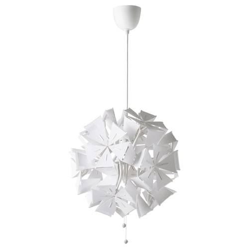 A white RAMSELE pendant lamp with geometric, triangular shapes, consisting of polyester and plastic materials. It adjusts shape with strings.