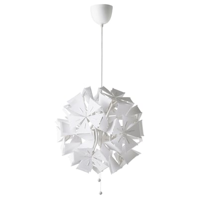 A white RAMSELE pendant lamp with geometric, triangular shapes, consisting of polyester and plastic materials. It adjusts shape with strings.