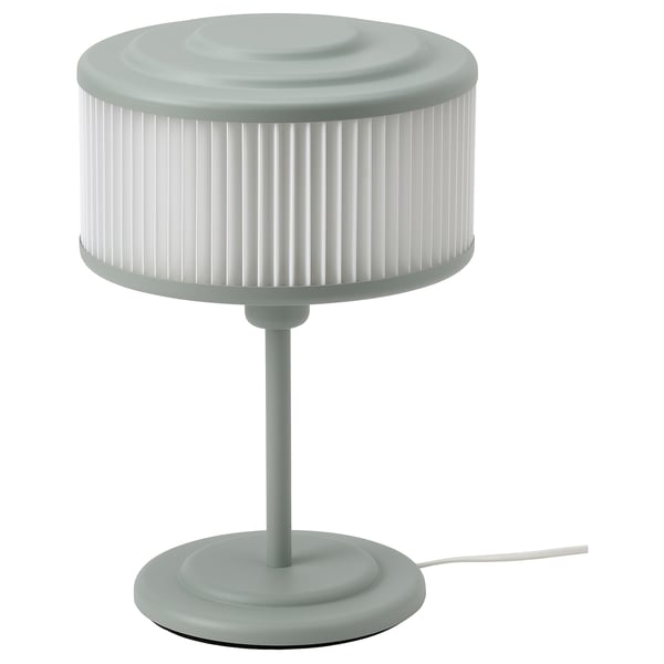 Remtang lamp, grey, round, pleated shade, soft mood light.