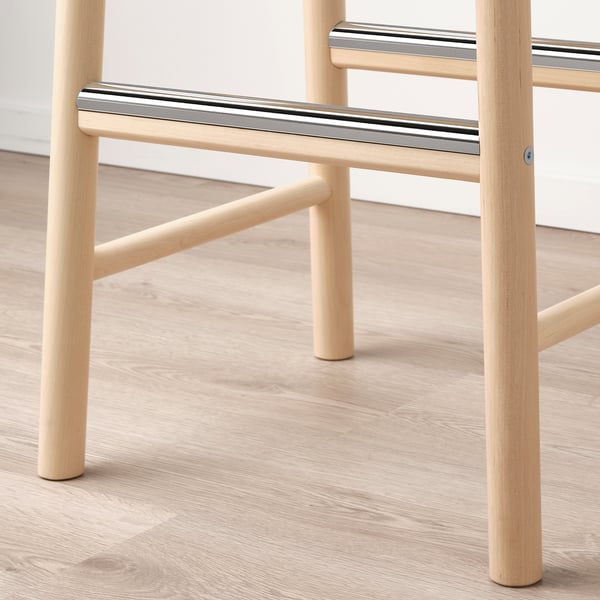 RÖNNINGE bar stool base, made of solid birch, a sleek, sturdy design with polished metal footrests for durability.