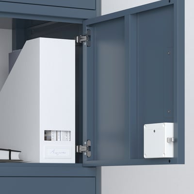 Grey cabinet with ROTHULT keyless lock, featuring keycard slot and hinge detail.