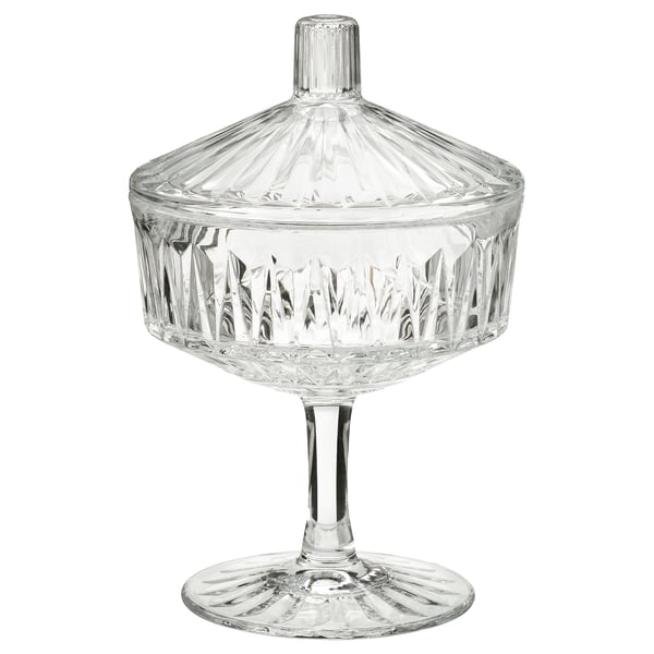 A SÄLLSKAPLIG glass container, clear, with a lid and pedestal base, featuring an elegant, textured design.