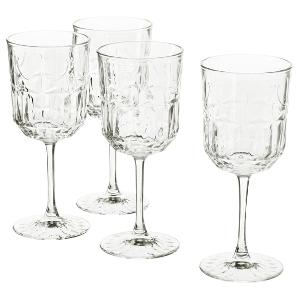 Four SÄLLSKAPLIG wine glasses. Clear, elegant with a classic stemmed design. Floral etched patterns.
