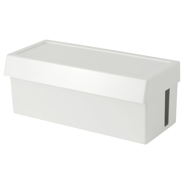 A white plastic storage box named SÄTTING, designed to hide and organise cables and chargers.