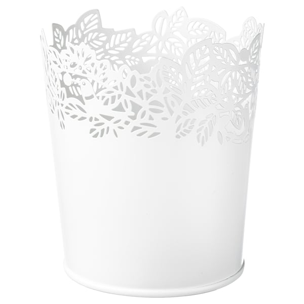 White decorative flowerpot SAMVERKA, steel with leaf cutouts.