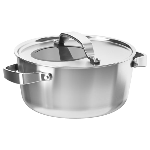 Silver SENSUELL saucepan with glass lid, stainless steel handles, thick base, modern design.
