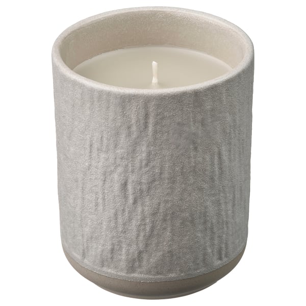 SILKESTRÄD scented candle, grey, ceramic, cylindrical, with morning dew and oak moss scent.