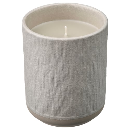SILKESTRÄD scented candle, grey, ceramic, cylindrical, with morning dew and oak moss scent.