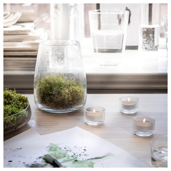 Wilcox, a clear glass vase with moss and small candles beside a window.