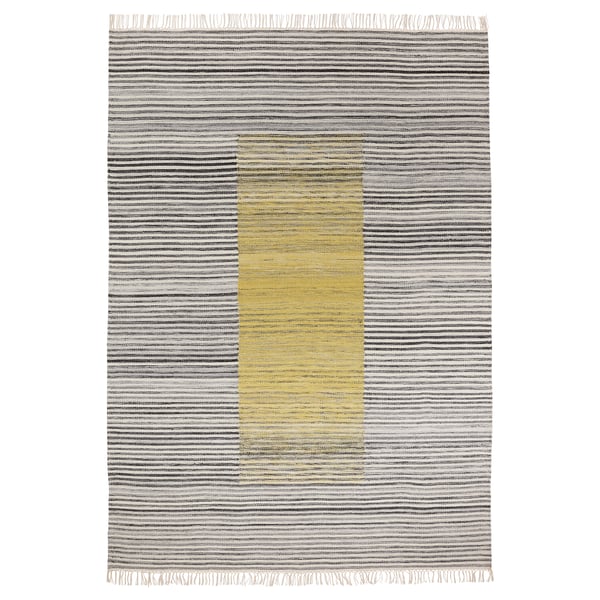 SJÖTÅTEL rug: grey with yellow stripes, woven wool, rectangular with fringed ends.