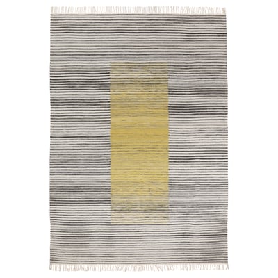 SJÖTÅTEL rug: grey with yellow stripes, woven wool, rectangular with fringed ends.