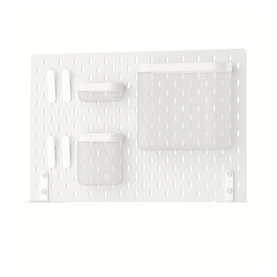 SKÅDIS white pegboard organiser with mesh baskets and clips.