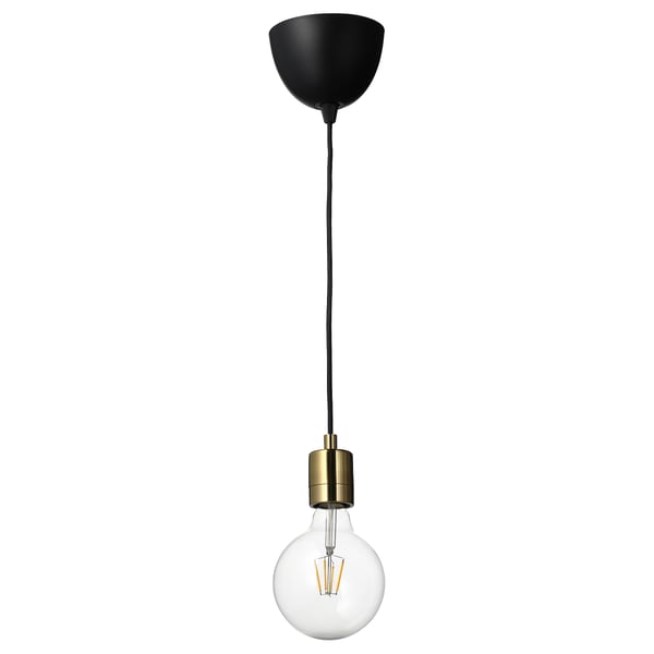 SKAFTET modern pendant lamp; black shade, gold socket; spherical bulb; energy-efficient led.