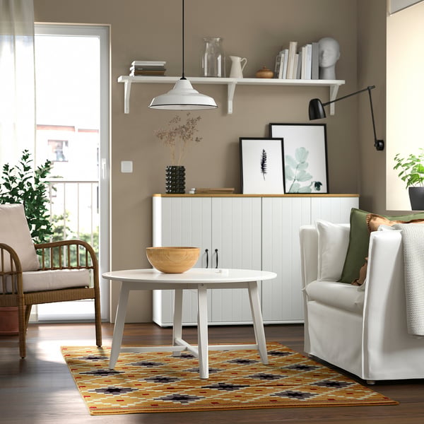 Living room with skoter led rug, furniture, bookshelf.